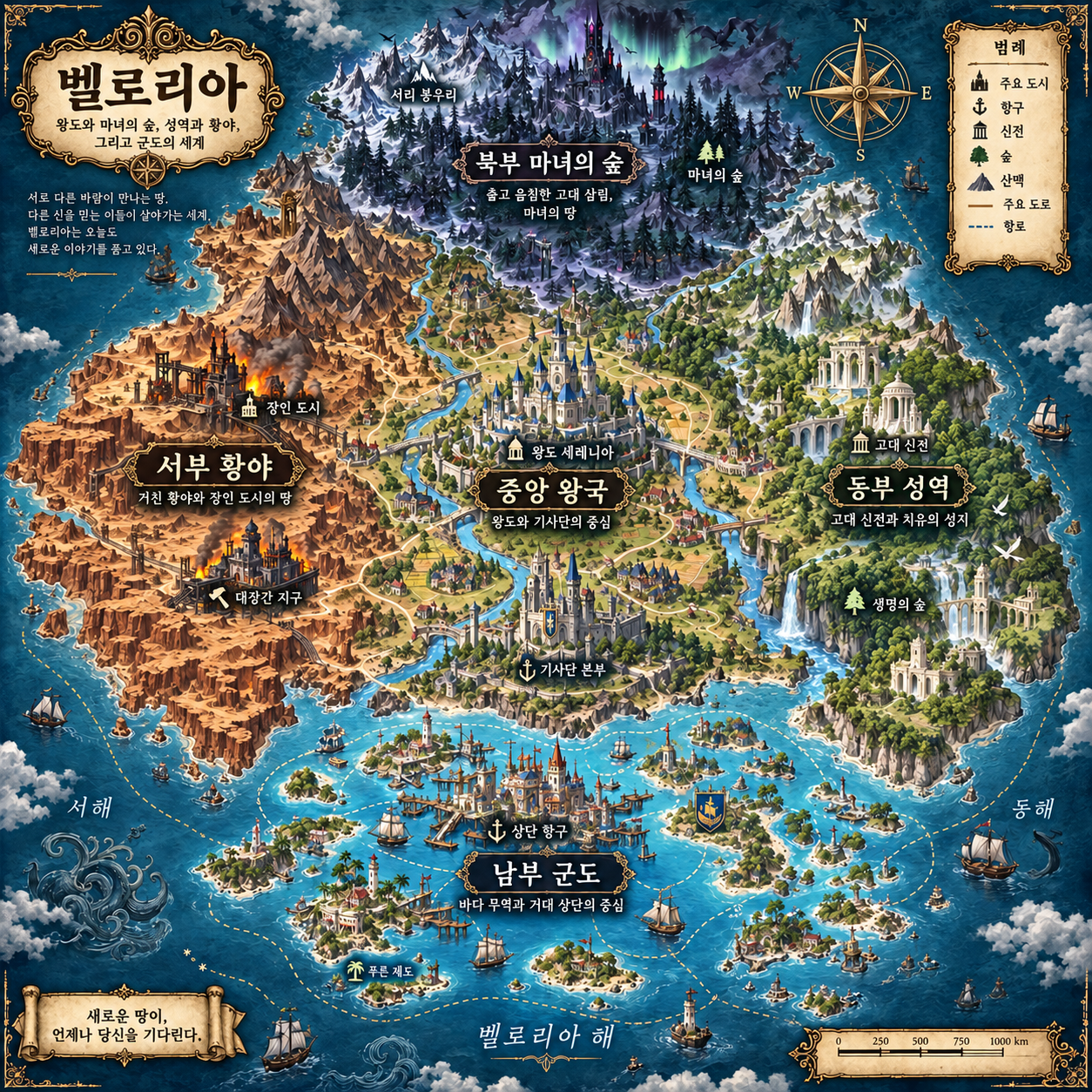 중앙 왕국, 북부 마녀의 숲, 동부 성역, 서부 황야, 남부 군도로 이루어진 벨로리아 지도